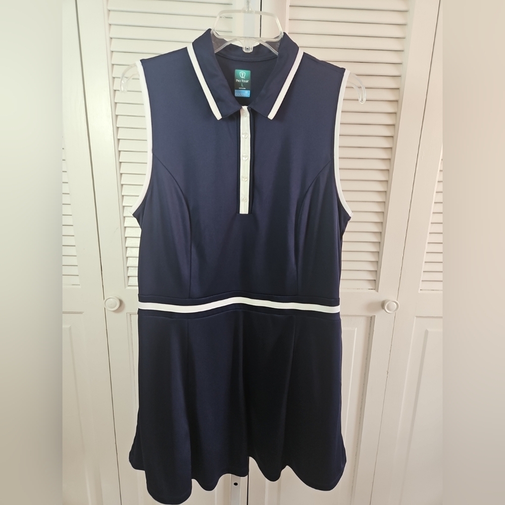 Pro Tour Golf Dress Womens L Sleeveless Athletic Collared Navy Blue White Tennis